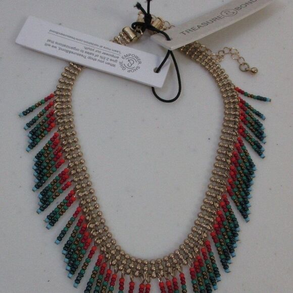 Nordstrom Treasure & Bond Seedbead Multi Color Gold Fringe Choker Necklace NWT 8 - Picture 2 of 6